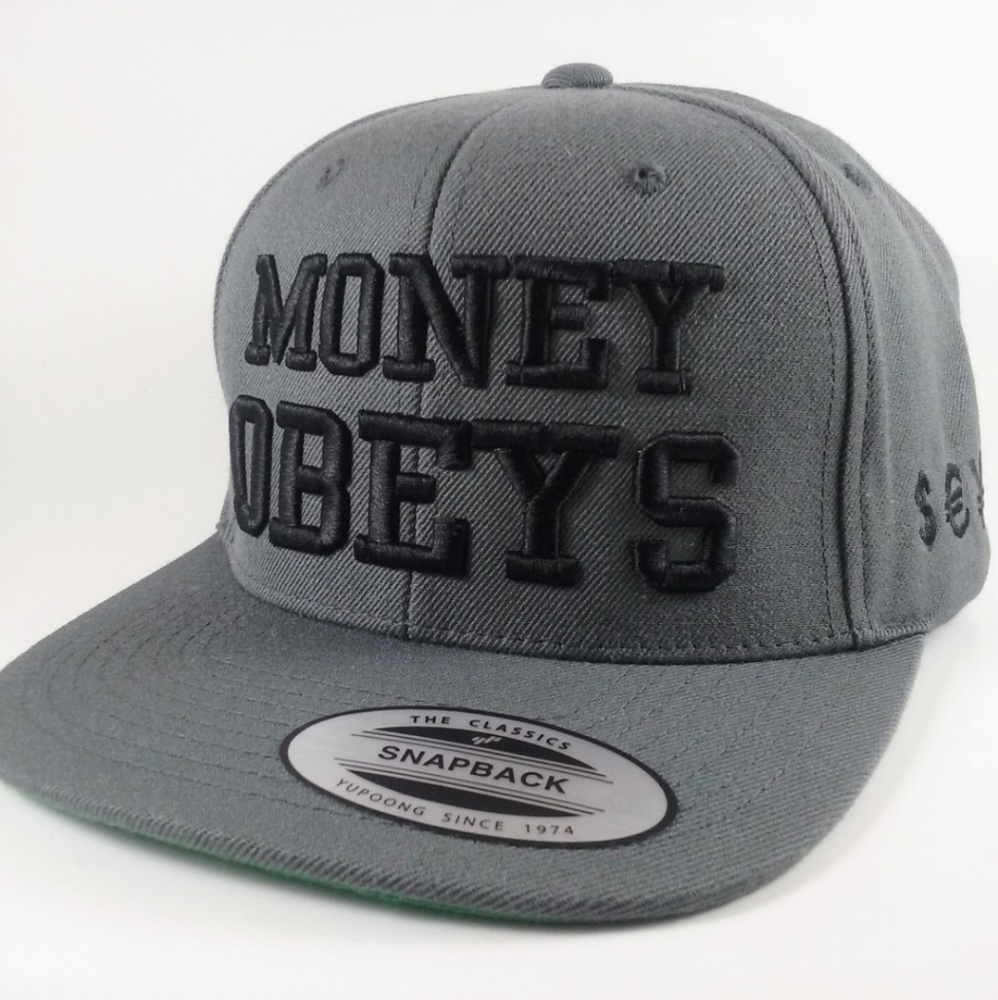 MONEY OBEYS Gray & Black Snapback Hat 3D Flat Bill